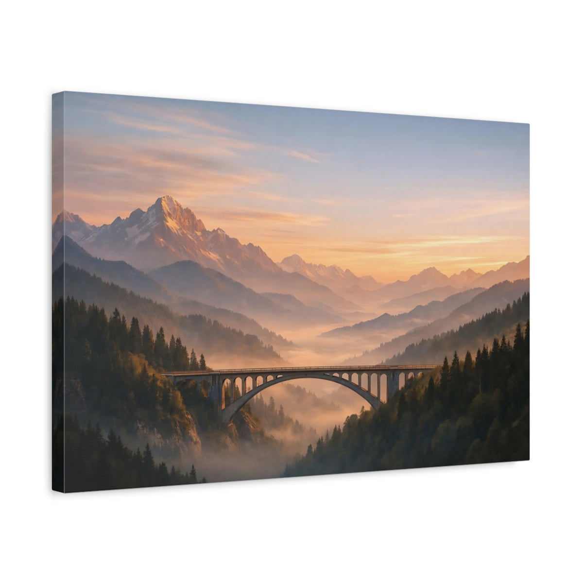 Side Mockup 3. Nature Mountain Bridge Orange And Green shown as stretched canvas wall art