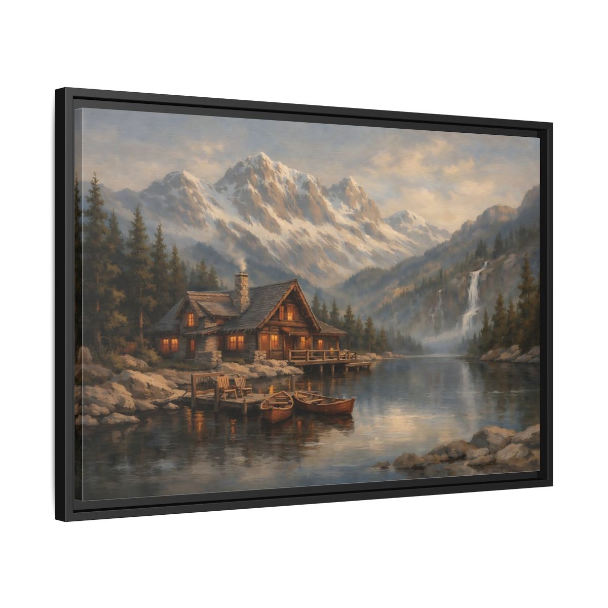 Side Mockup 14. Nature Mountain Cabin Mountain Lake Cabin shown as stretched canvas wall art