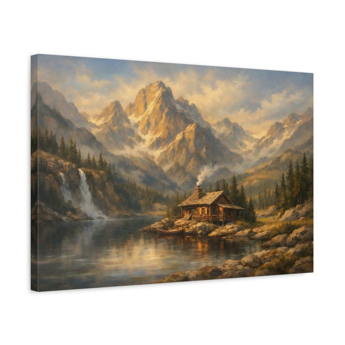 Side Mockup 3. Nature Mountain Cabin Rustic Mountain Landscape shown as stretched canvas wall art