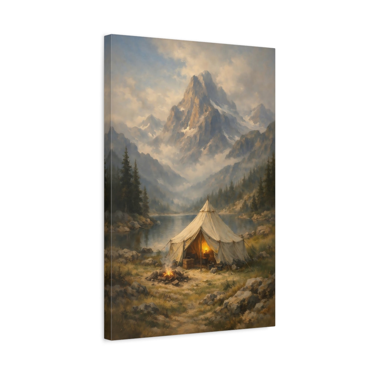 Side Mockup 3. Nature Mountain Camping Mountain Lake Camping shown as stretched canvas wall art