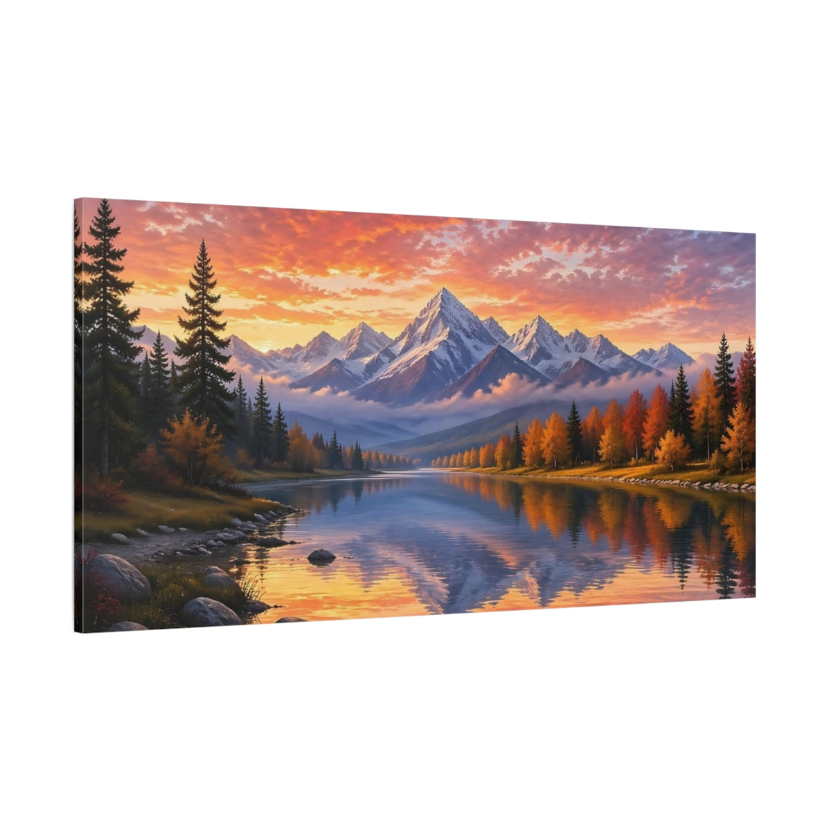 Side Mockup 2. Nature Mountain Lake Autumn Sunset Mountains shown as stretched canvas wall art