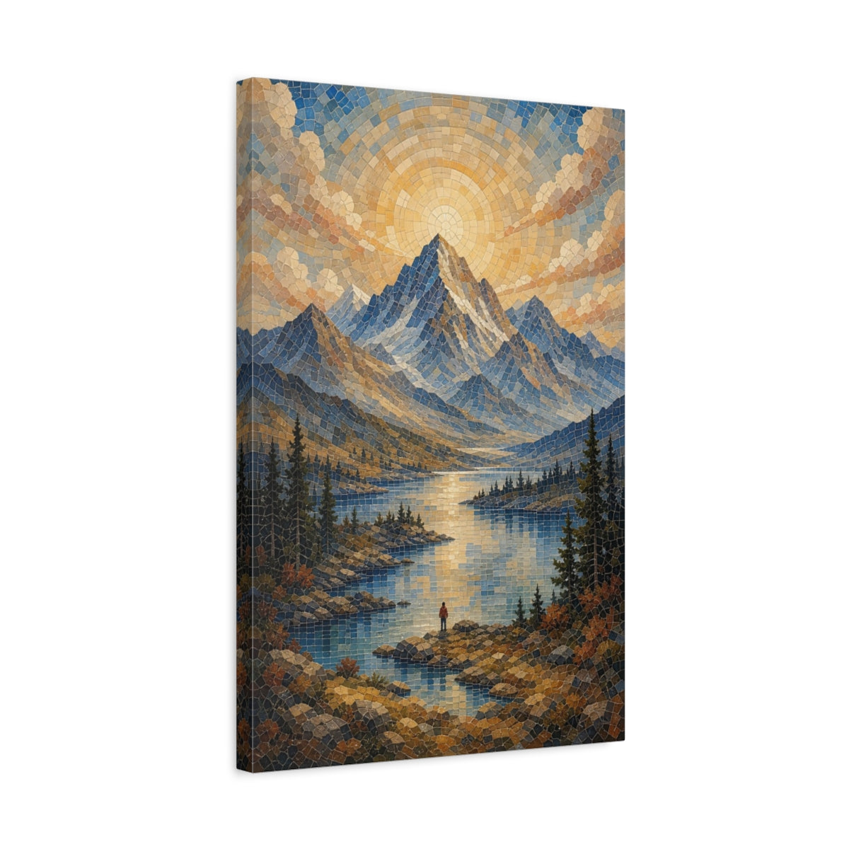 Side Mockup 3. Nature Mountain Lake Blue And Gold shown as stretched canvas wall art
