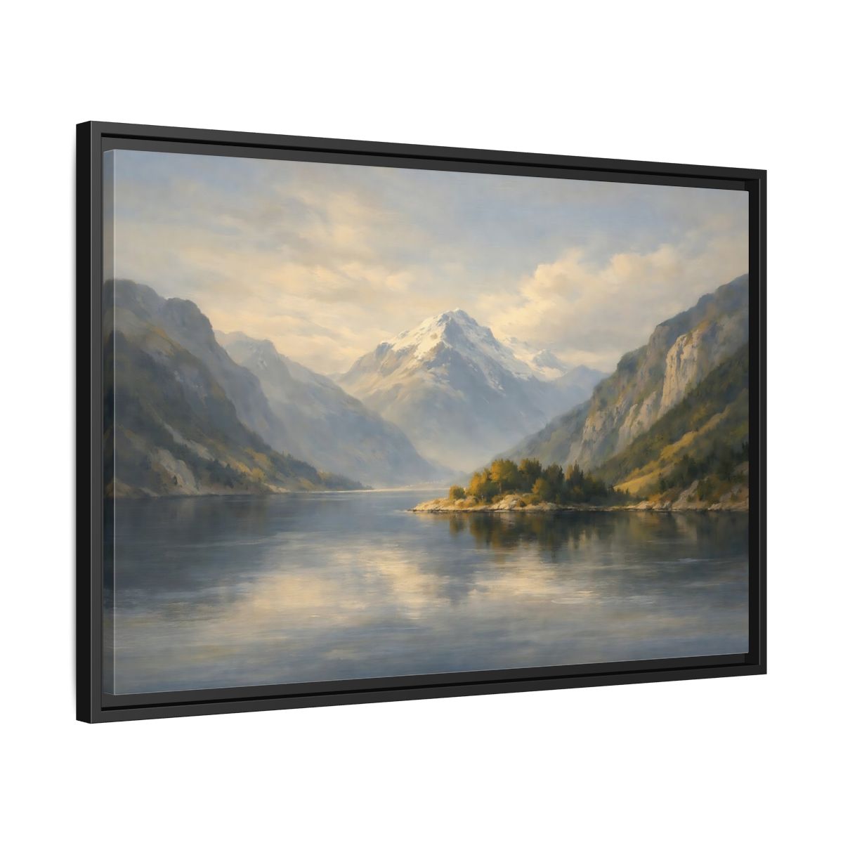 Side Mockup 14. Nature Mountain Lake Blue And Gold Landscape shown as stretched canvas wall art