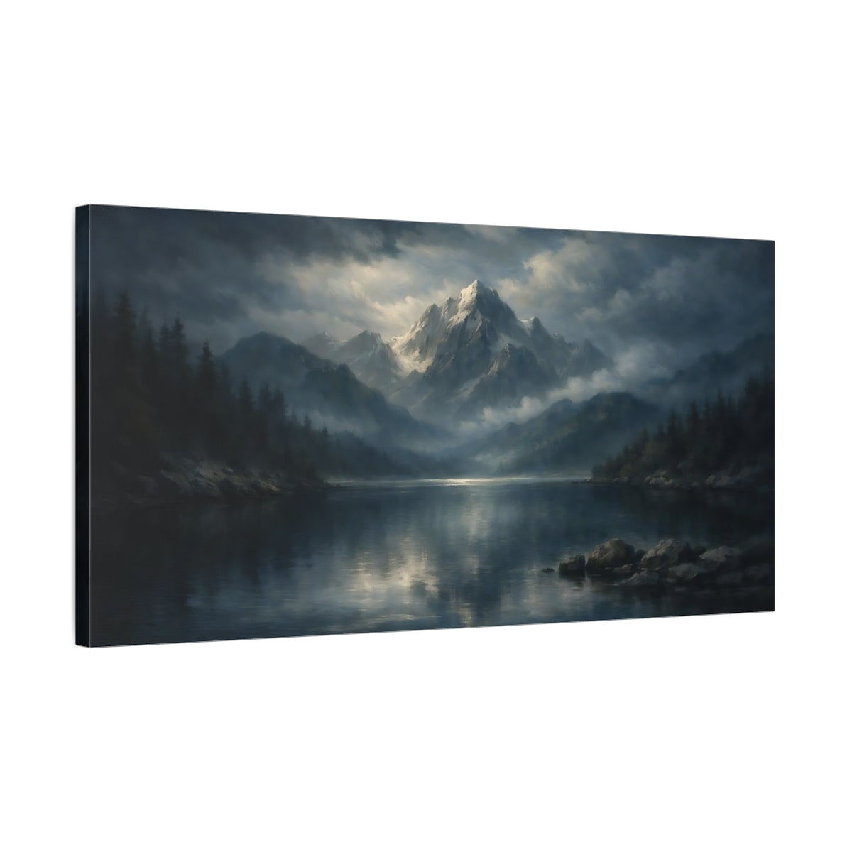 Side Mockup 2. Nature Mountain Lake Blue And Gray Mountains shown as stretched canvas wall art