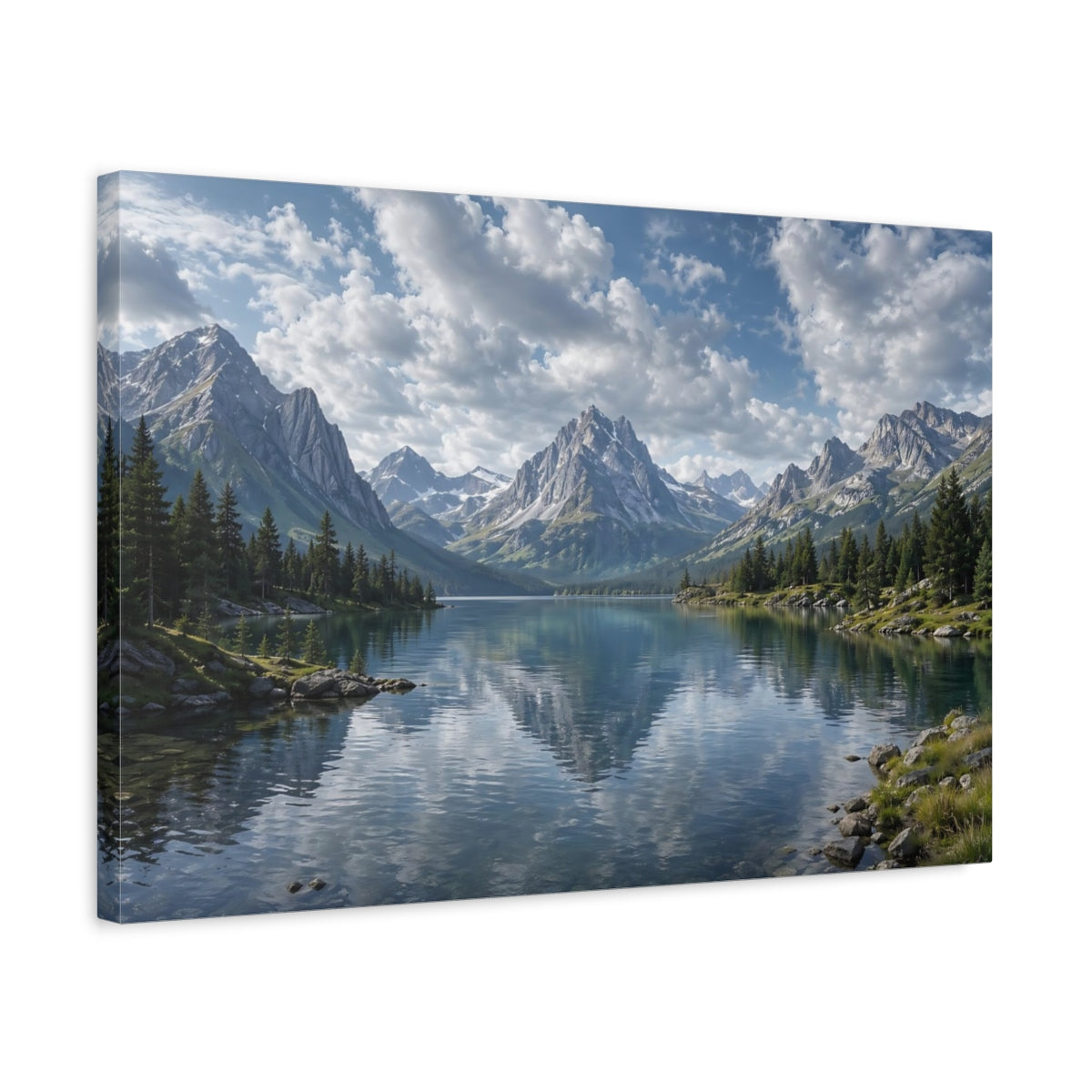 Side Mockup 3. Nature Mountain Lake Blue Lake Mountain shown as stretched canvas wall art