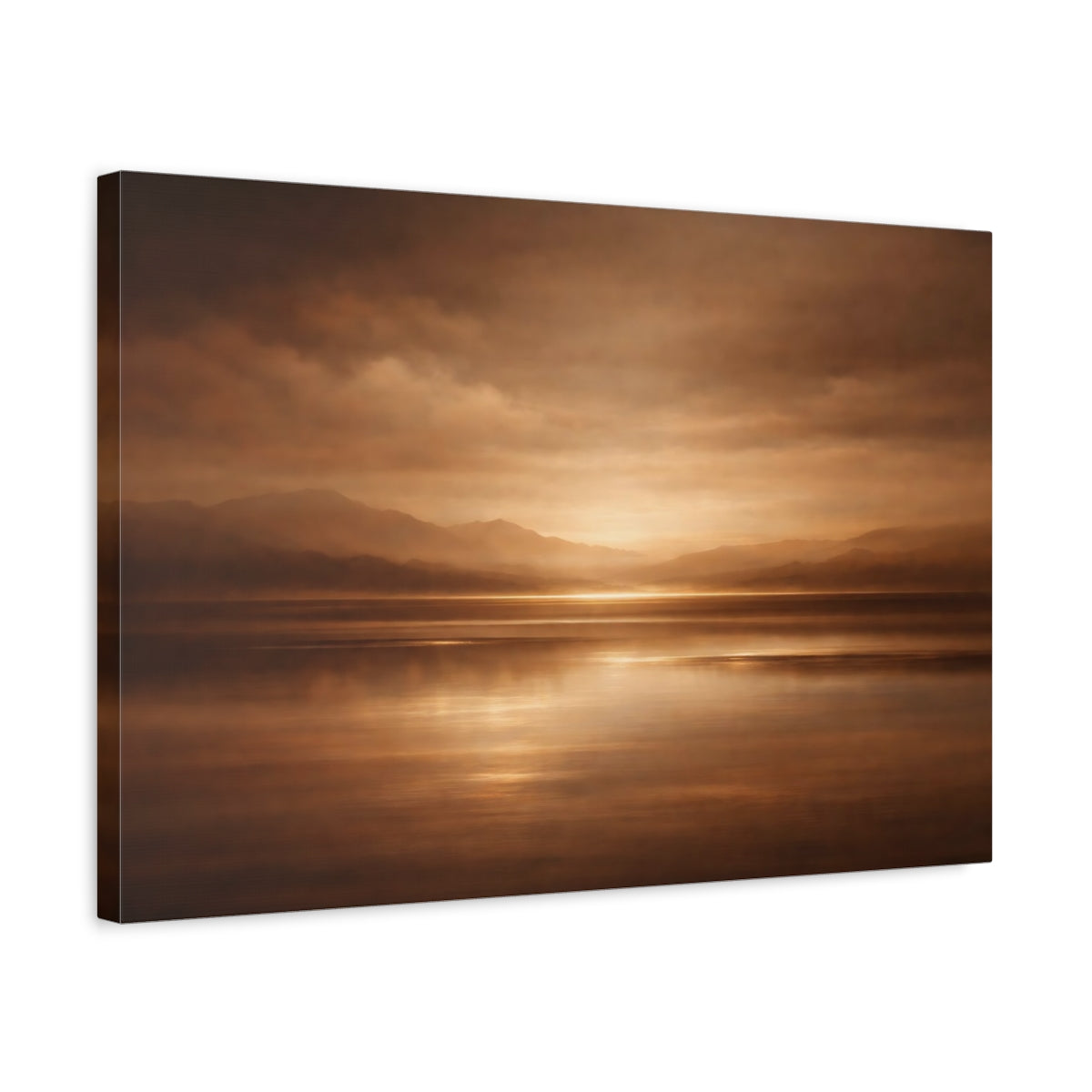 Side Mockup 3. Nature Mountain Lake Brown And Gold Landscape shown as stretched canvas wall art