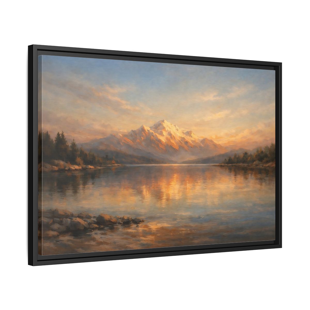 Side Mockup 14. Nature Mountain Lake Golden Mountain Lake shown as stretched canvas wall art