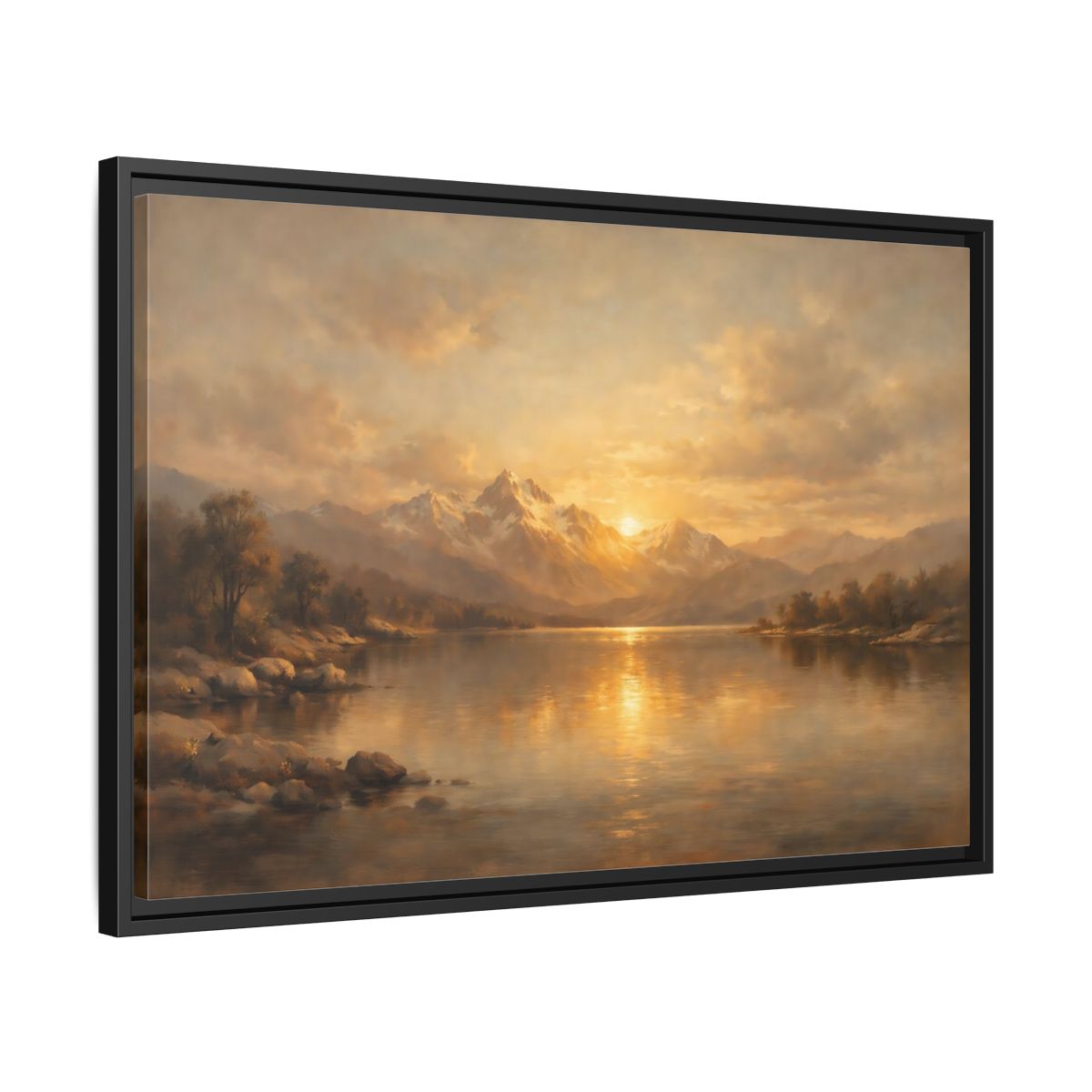 Side Mockup 14. Nature Mountain Lake Golden Mountain Lake shown as stretched canvas wall art