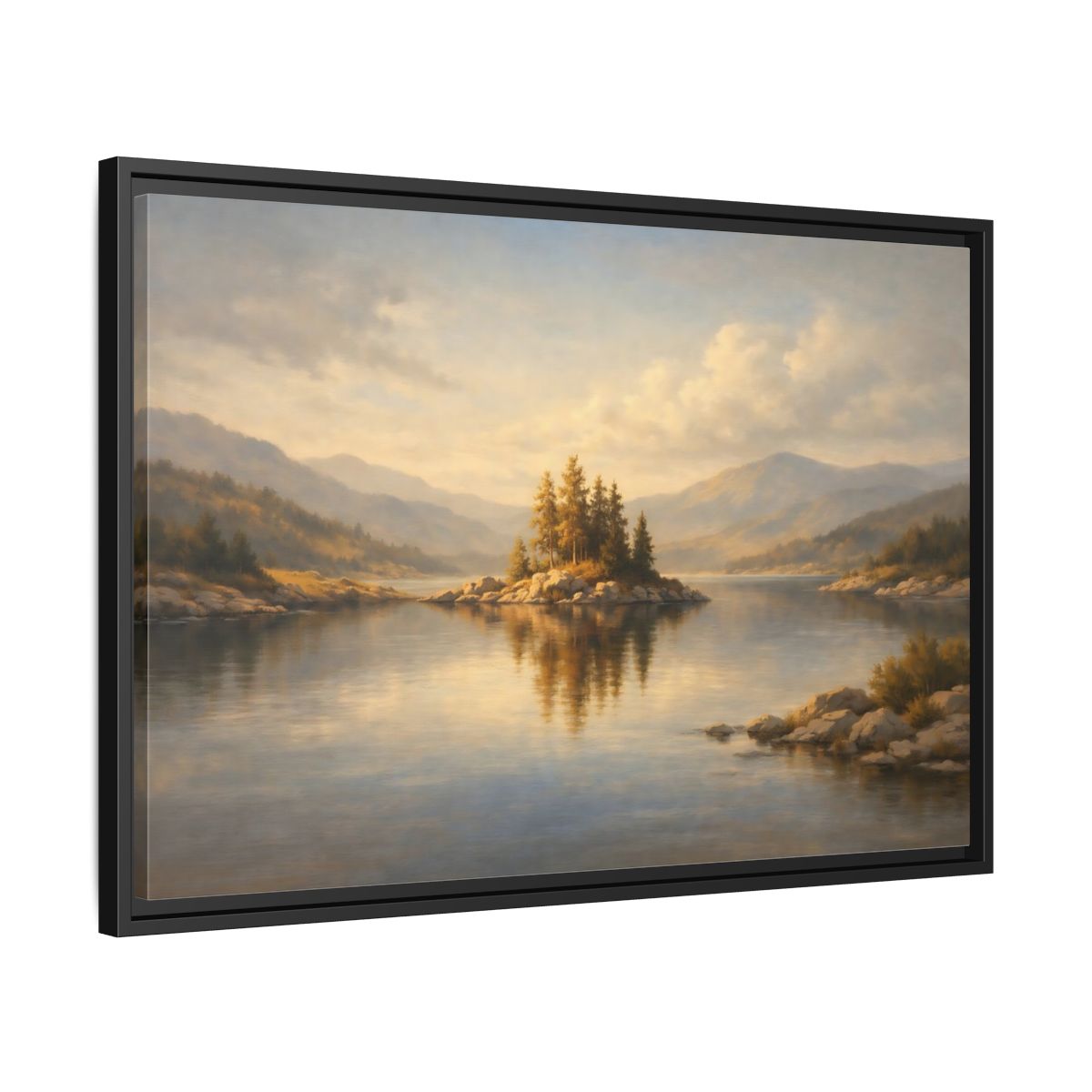 Side Mockup 14. Nature Mountain Lake Golden Lake Landscape shown as stretched canvas wall art