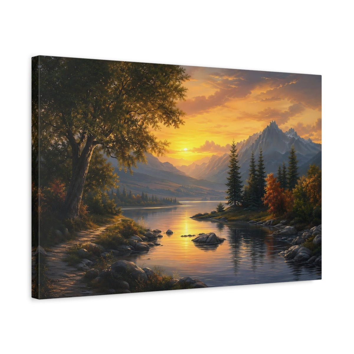 Side Mockup 3. Nature Mountain Lake Golden Sunset Lake shown as stretched canvas wall art