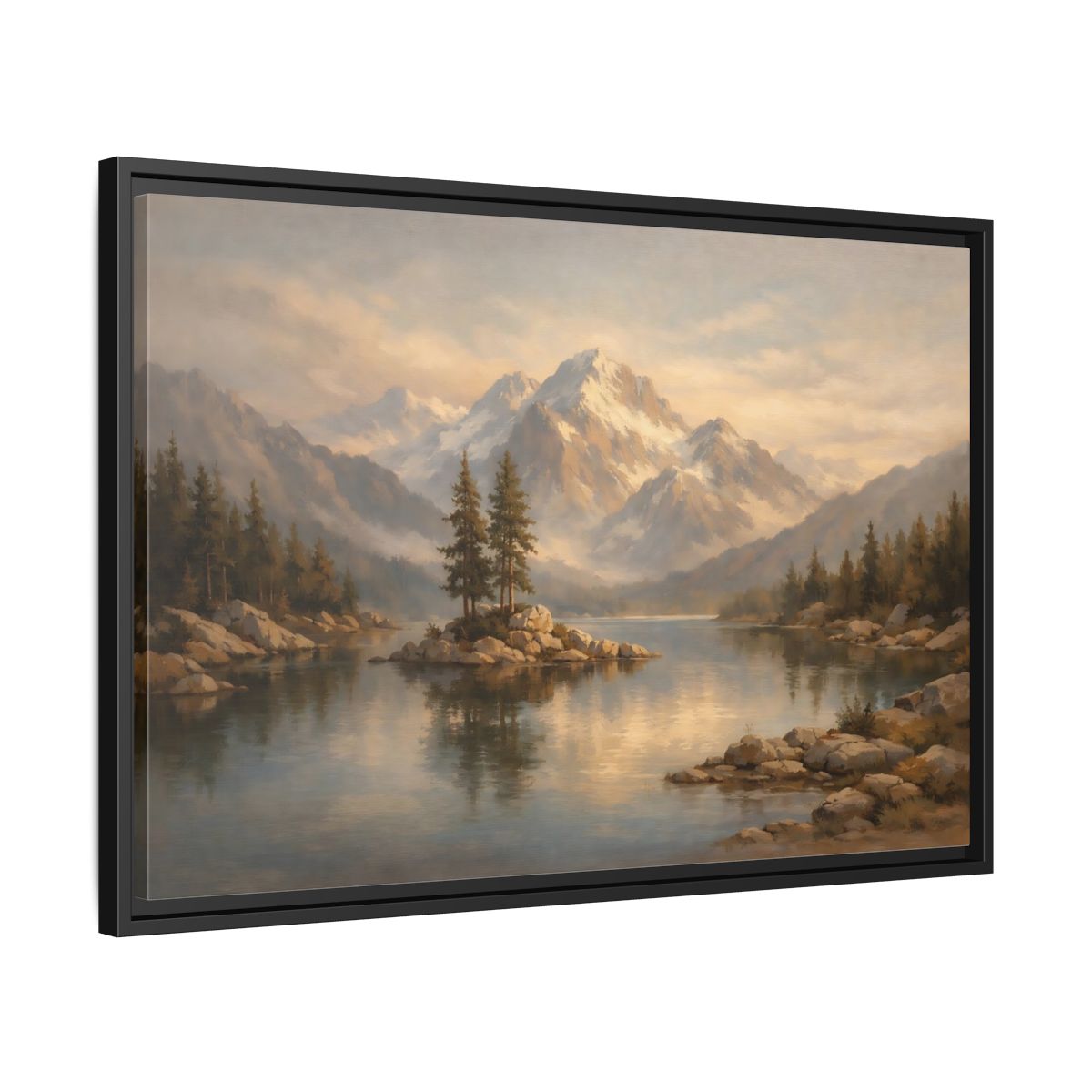 Side Mockup 14. Nature Mountain Lake Mountain Lake Landscape shown as stretched canvas wall art