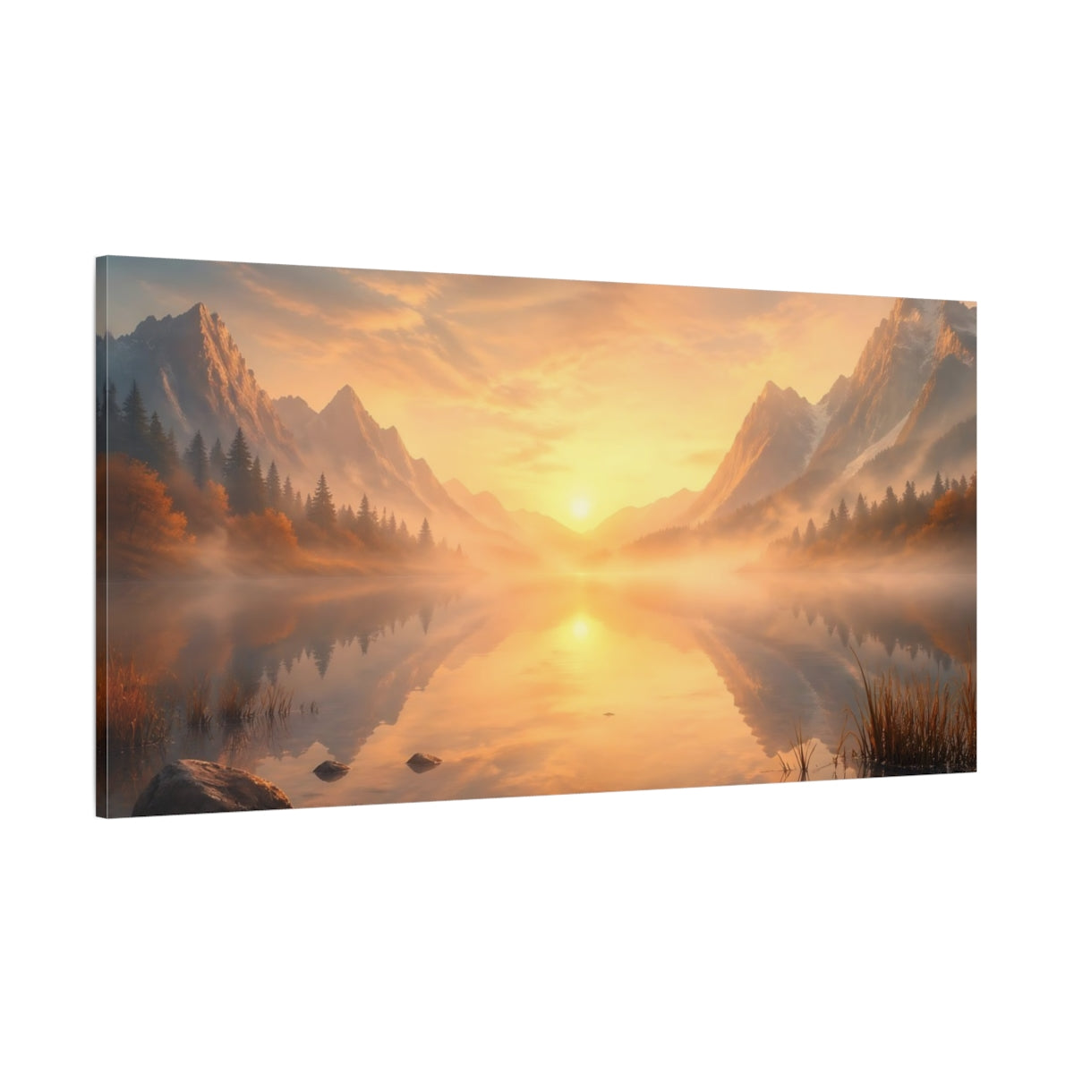Side Mockup 2. Nature Mountain Lake Misty Mountain Sunset shown as stretched canvas wall art