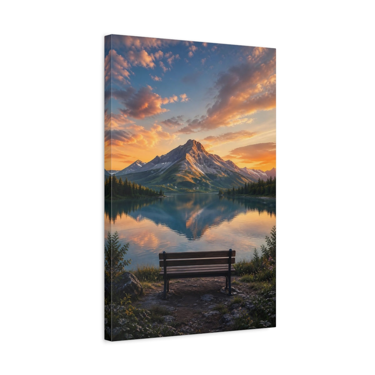 Side Mockup 3. Nature Mountain Lake Orange And Blue shown as stretched canvas wall art