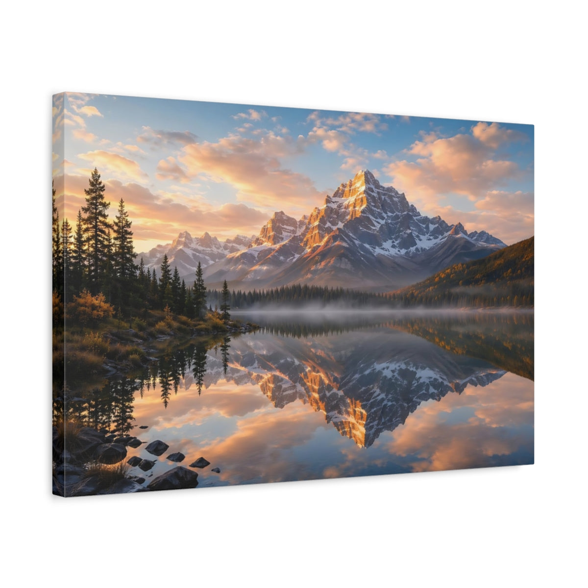 Side Mockup 3. Nature Mountain Lake Mountain Sunset shown as stretched canvas wall art