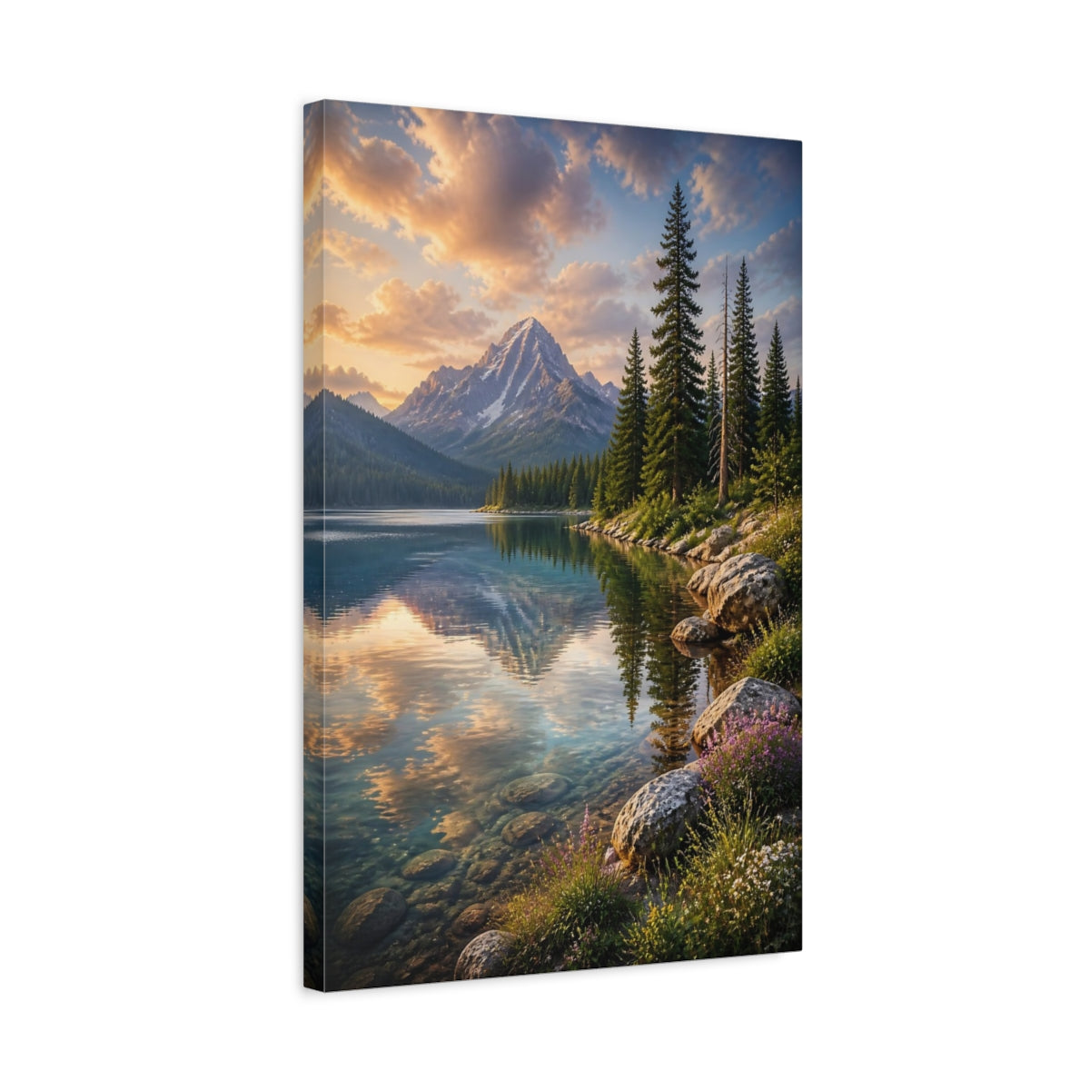 Side Mockup 3. Nature Mountain Lake Mountain Lake Sunset shown as stretched canvas wall art
