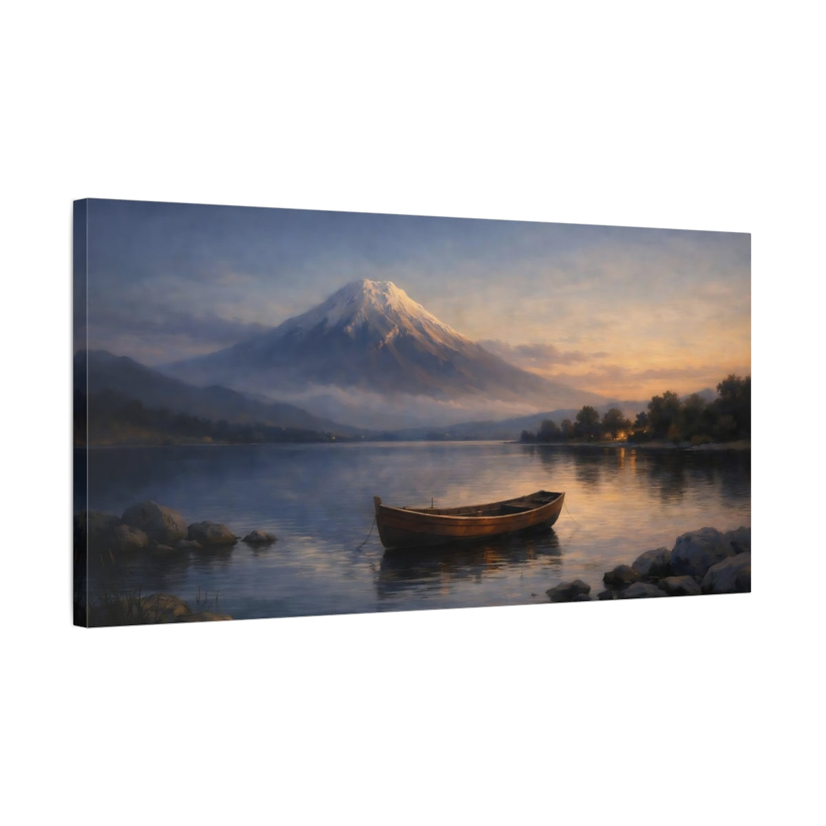 Side Mockup 2. Nature Mountain Lake Mountain Lake Sunset shown as stretched canvas wall art