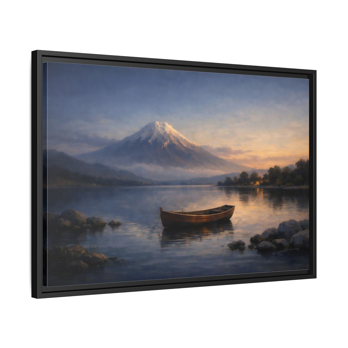 Side Mockup 14. Nature Mountain Lake Lake Mountain Sunset shown as stretched canvas wall art