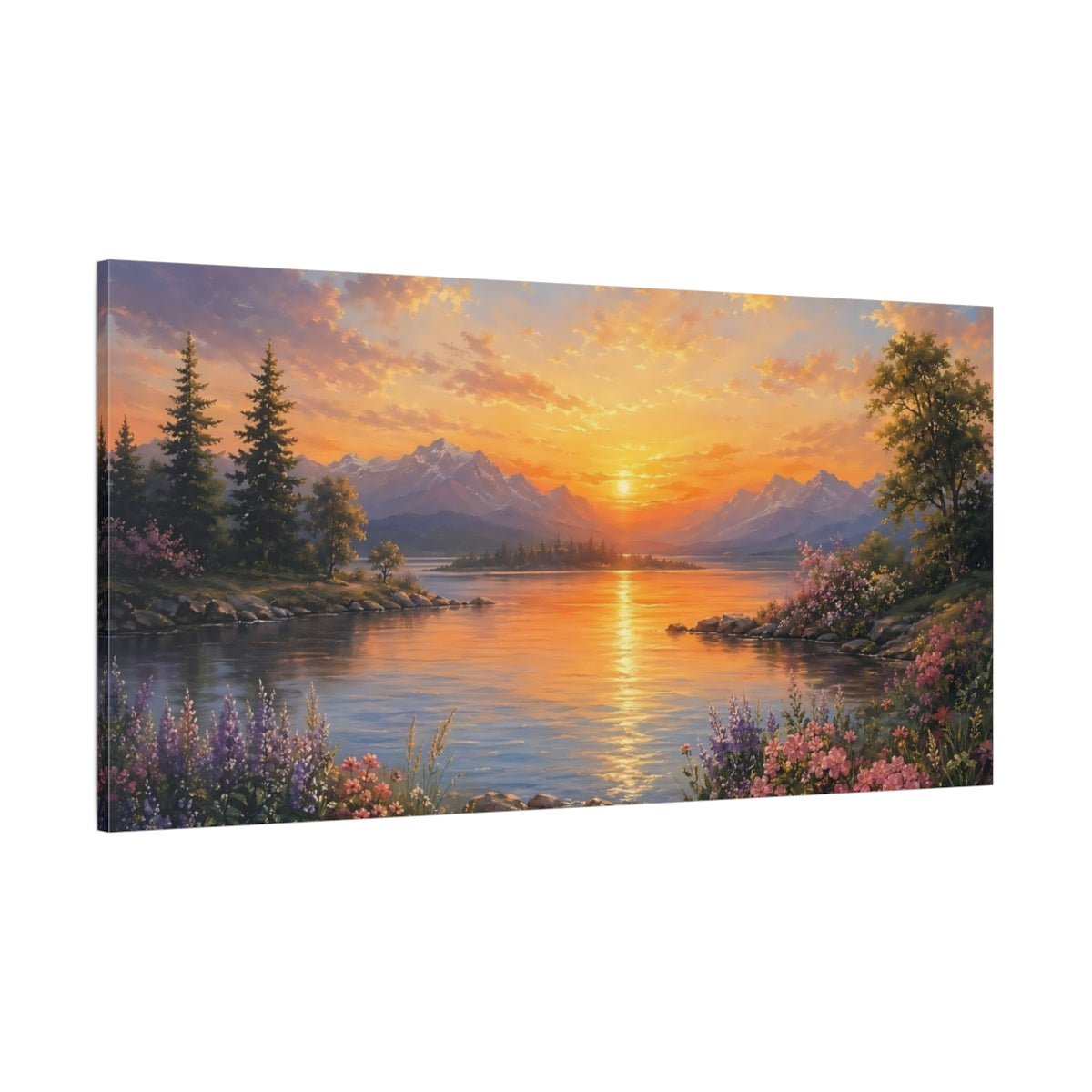 Side Mockup 2. Nature Mountain Lake Sunset Landscape shown as stretched canvas wall art