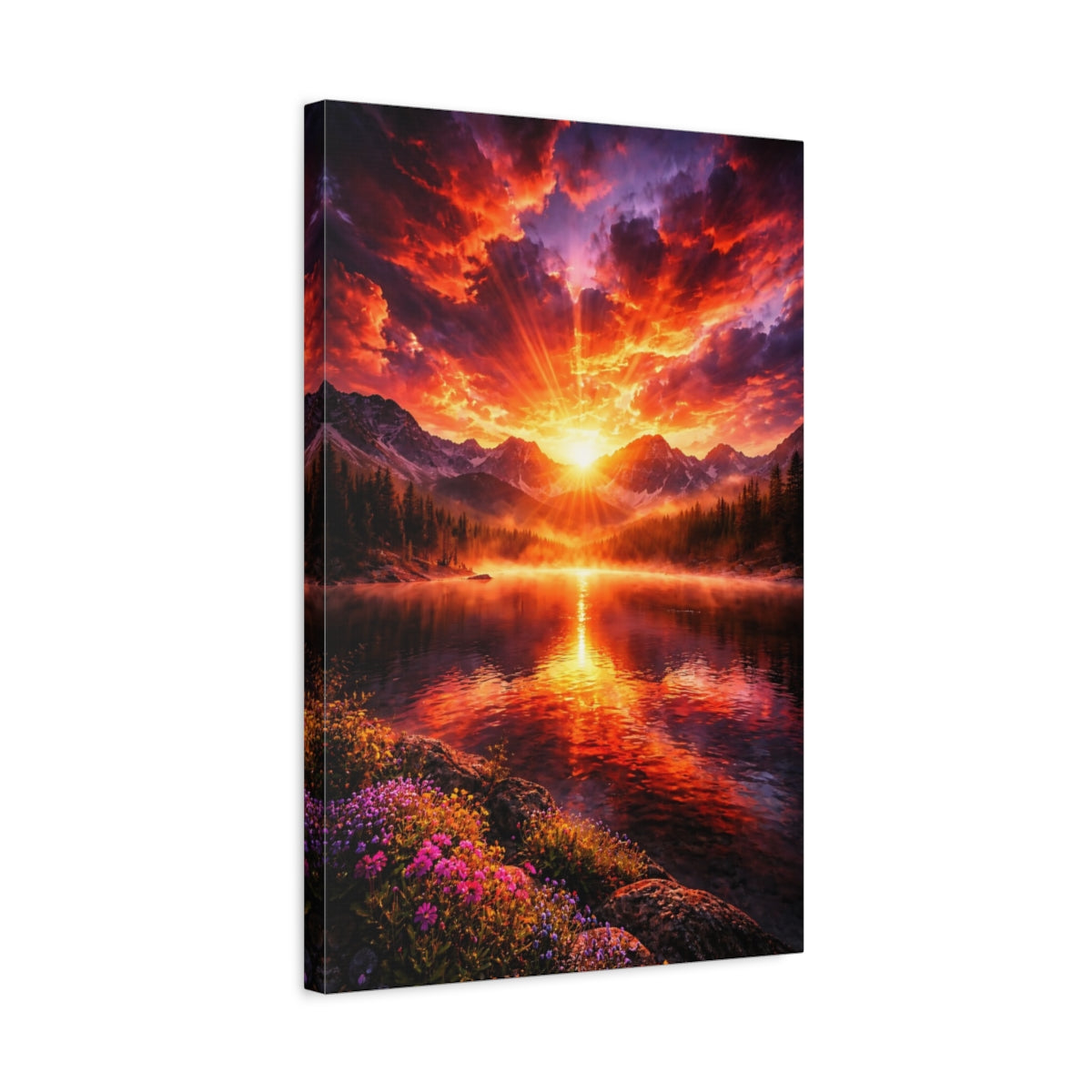 Side Mockup 3. Nature Mountain Lake Vibrant Sunset shown as stretched canvas wall art