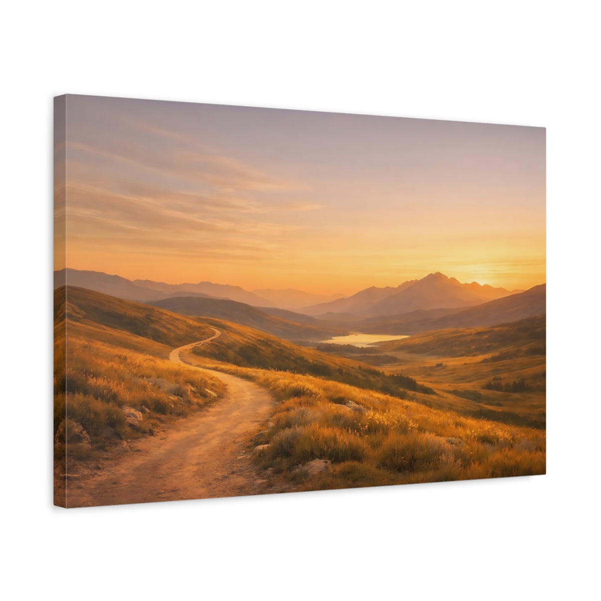 Side Mockup 3. Nature Mountain Path Orange And Gold shown as stretched canvas wall art