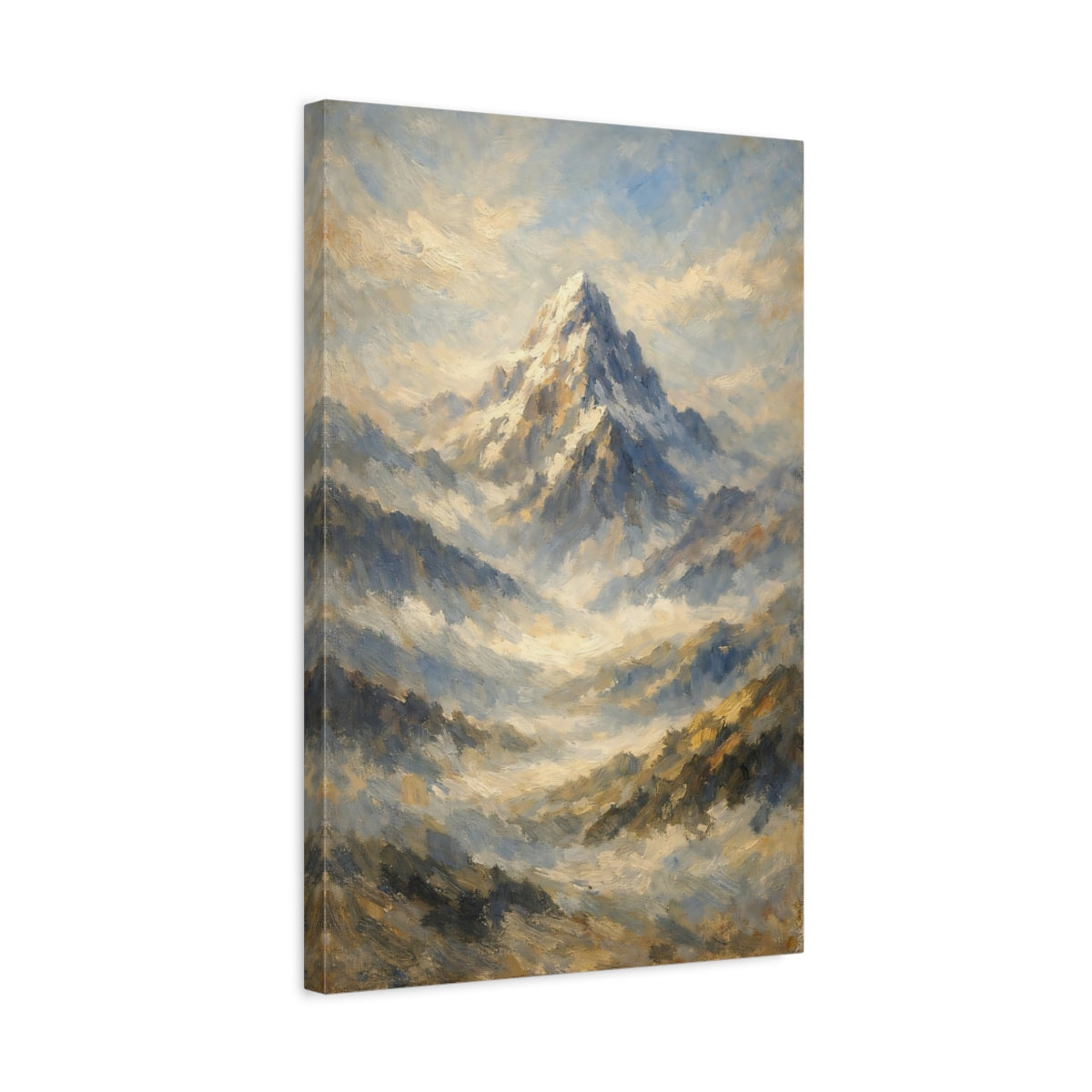 Side Mockup 3. Nature Mountain Peak Blue Gold Mountain Art shown as stretched canvas wall art