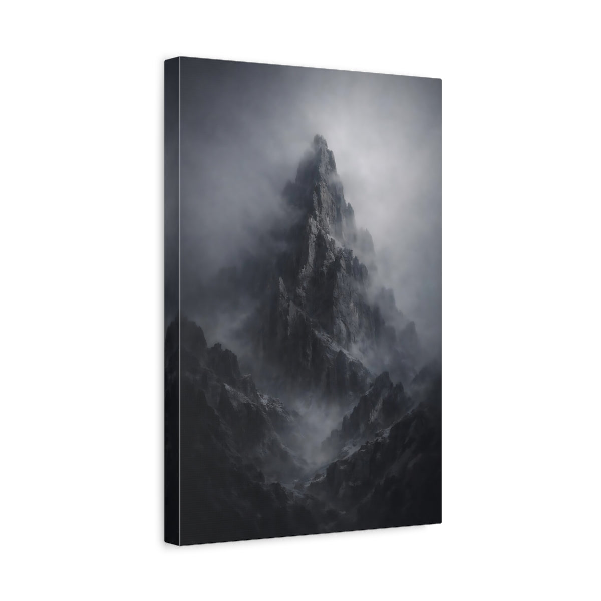 Side Mockup 4. Nature Mountain Peak Dark Grey Mountain shown as stretched canvas wall art