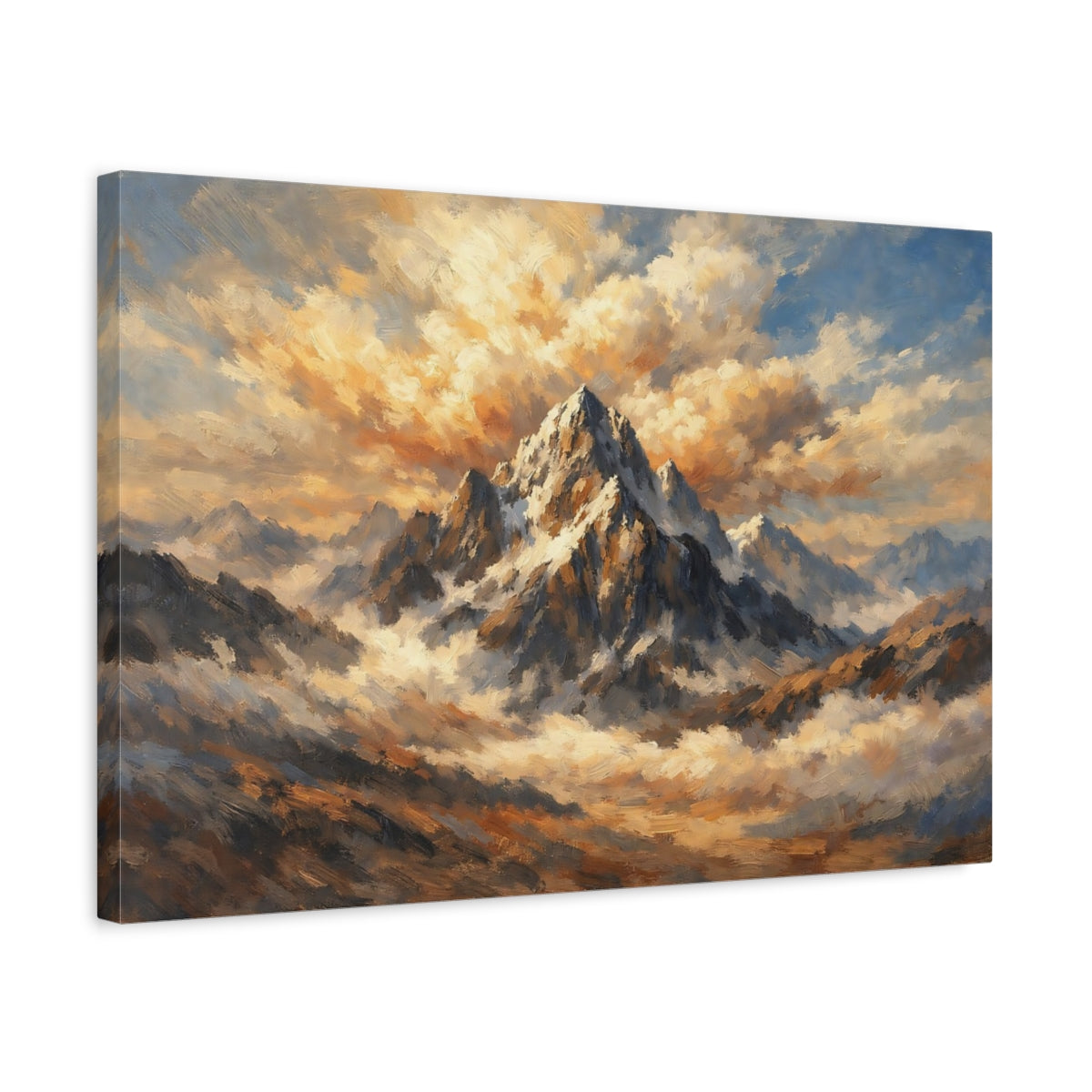 Side Mockup 3. Nature Mountain Peak Golden Mountain Clouds shown as stretched canvas wall art