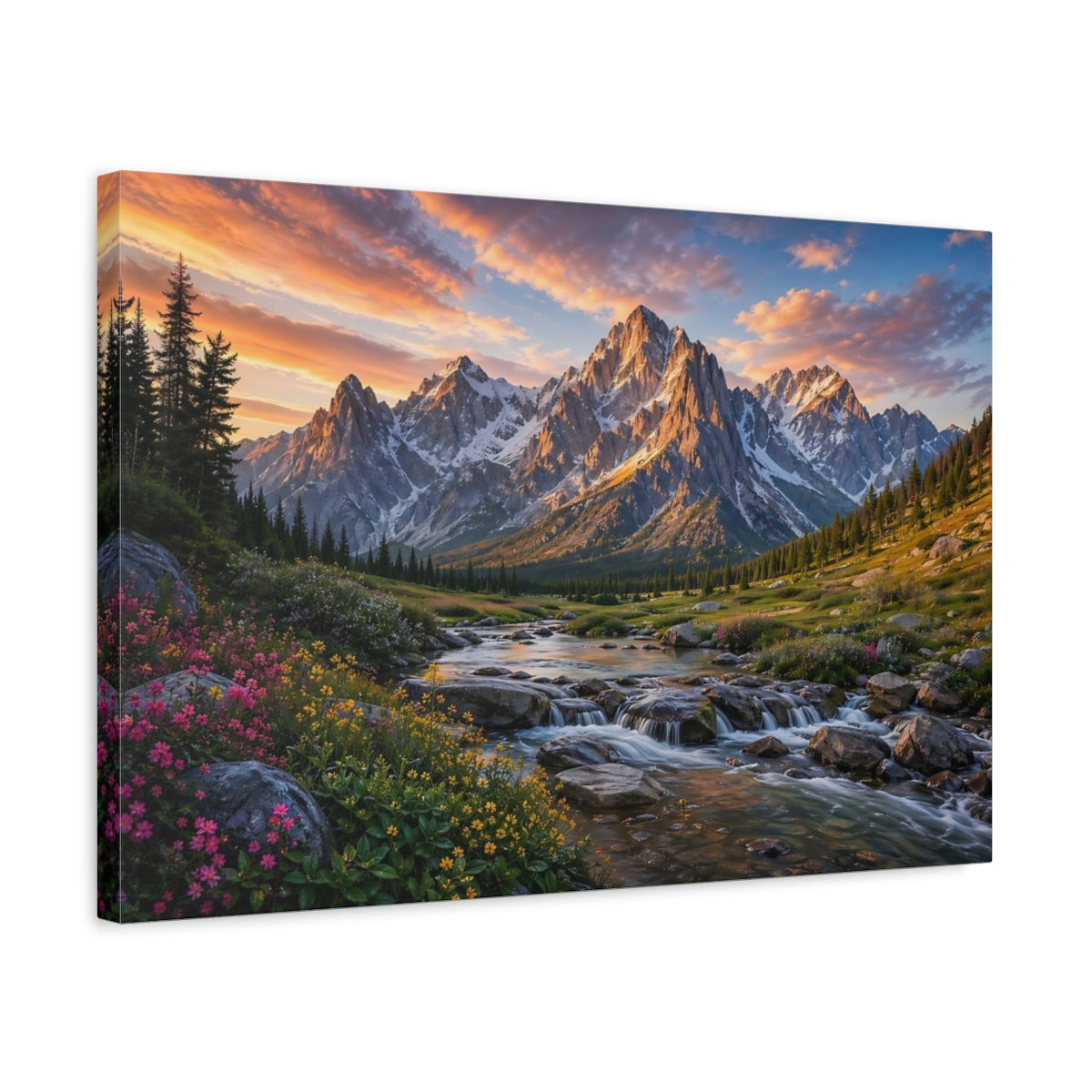 Side Mockup 3. Nature Mountain River Mountain Sunset shown as stretched canvas wall art