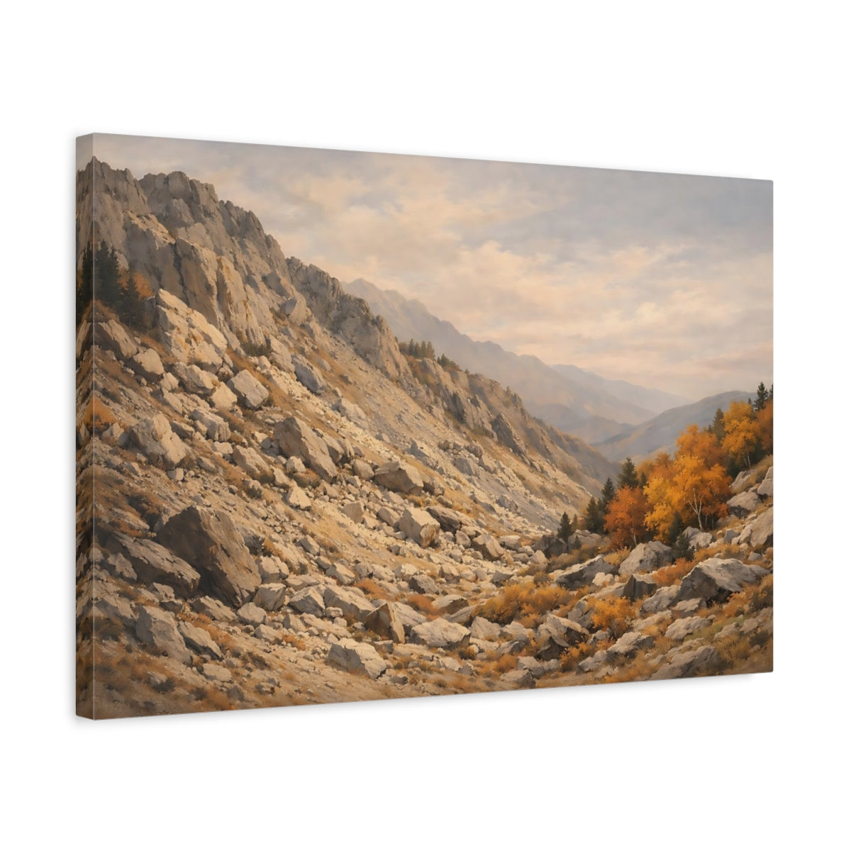 Side Mockup 3. Nature Mountain Valley Autumn Mountain Landscape shown as stretched canvas wall art
