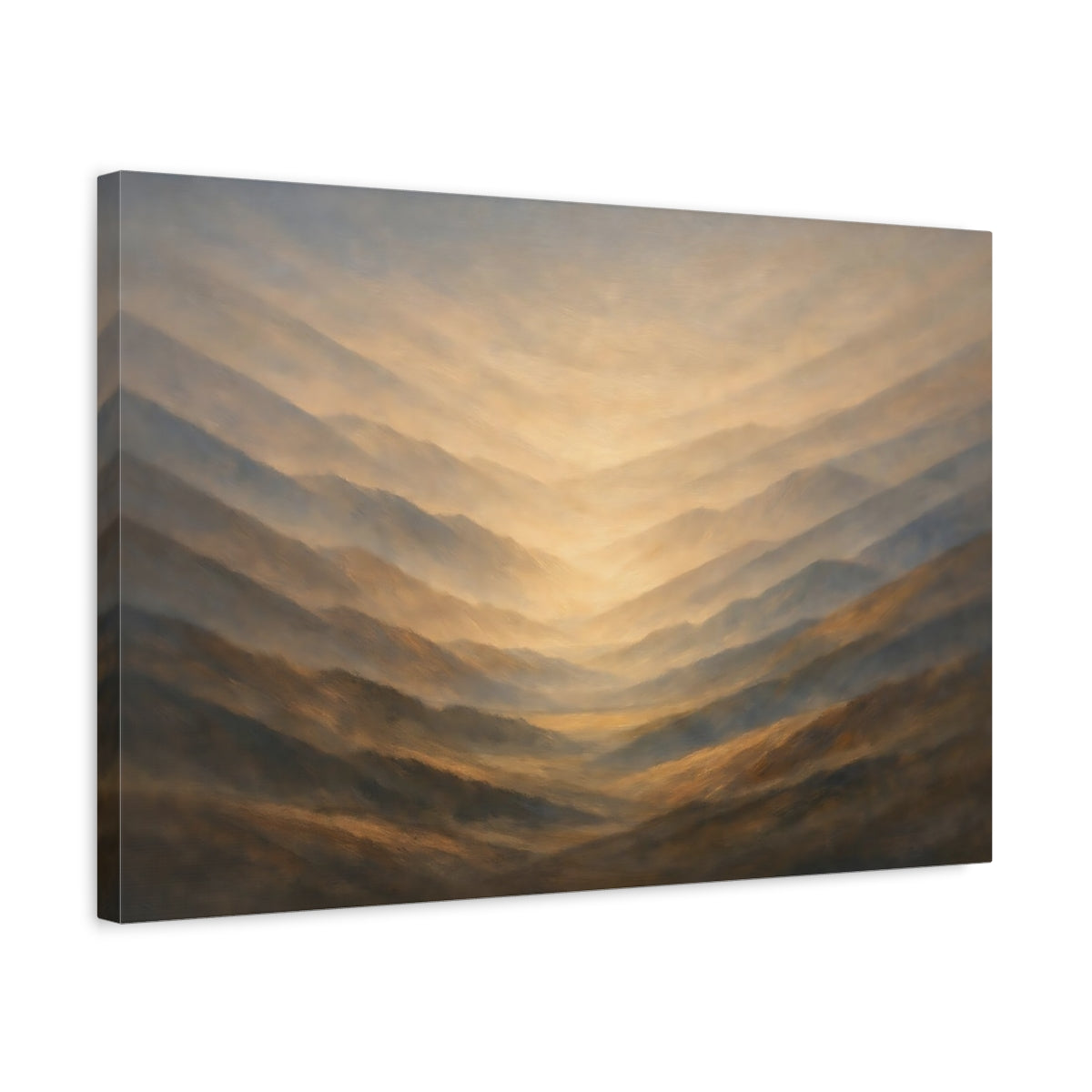 Side Mockup 3. Nature Mountain Valley Brown And Gold shown as stretched canvas wall art