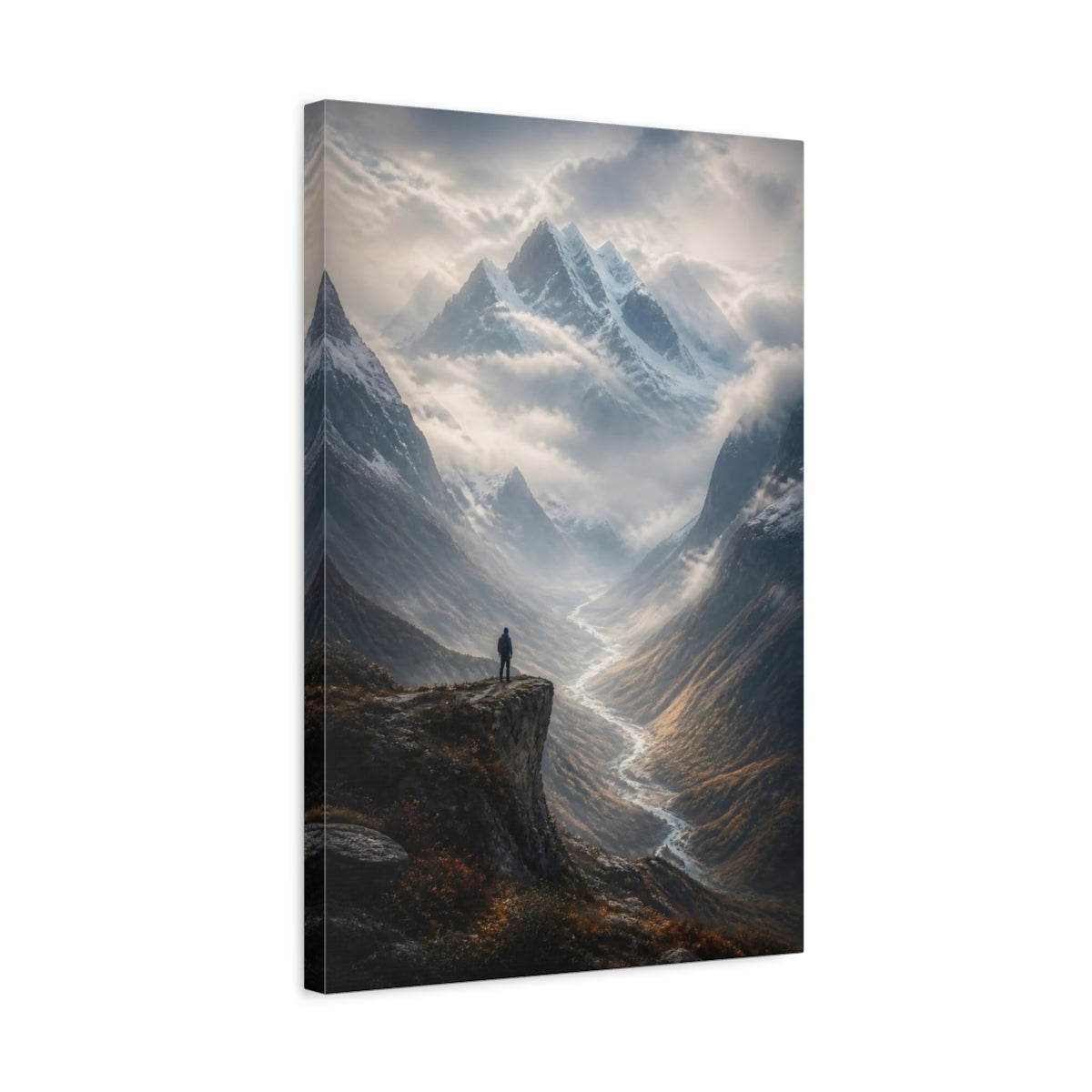 Side Mockup 3. Nature Mountain Valley Brown And Grey shown as stretched canvas wall art