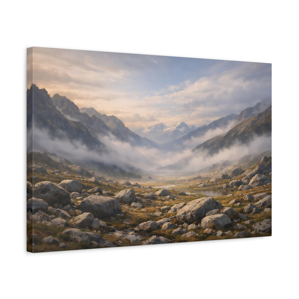 Side Mockup 3. Nature Mountain Valley Misty Mountain shown as stretched canvas wall art