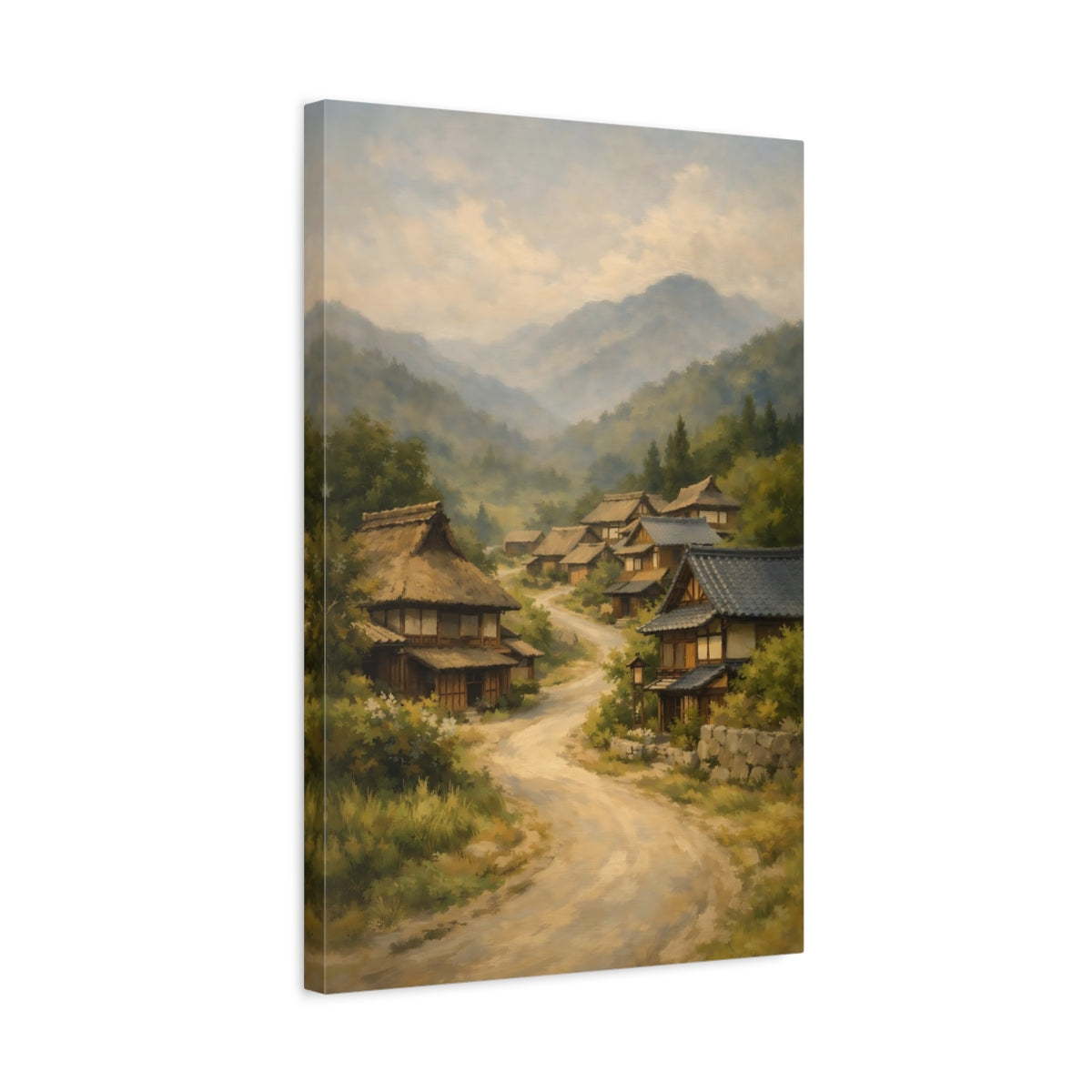 Side Mockup 3. Nature Mountain Village Japanese Village Landscape shown as stretched canvas wall art