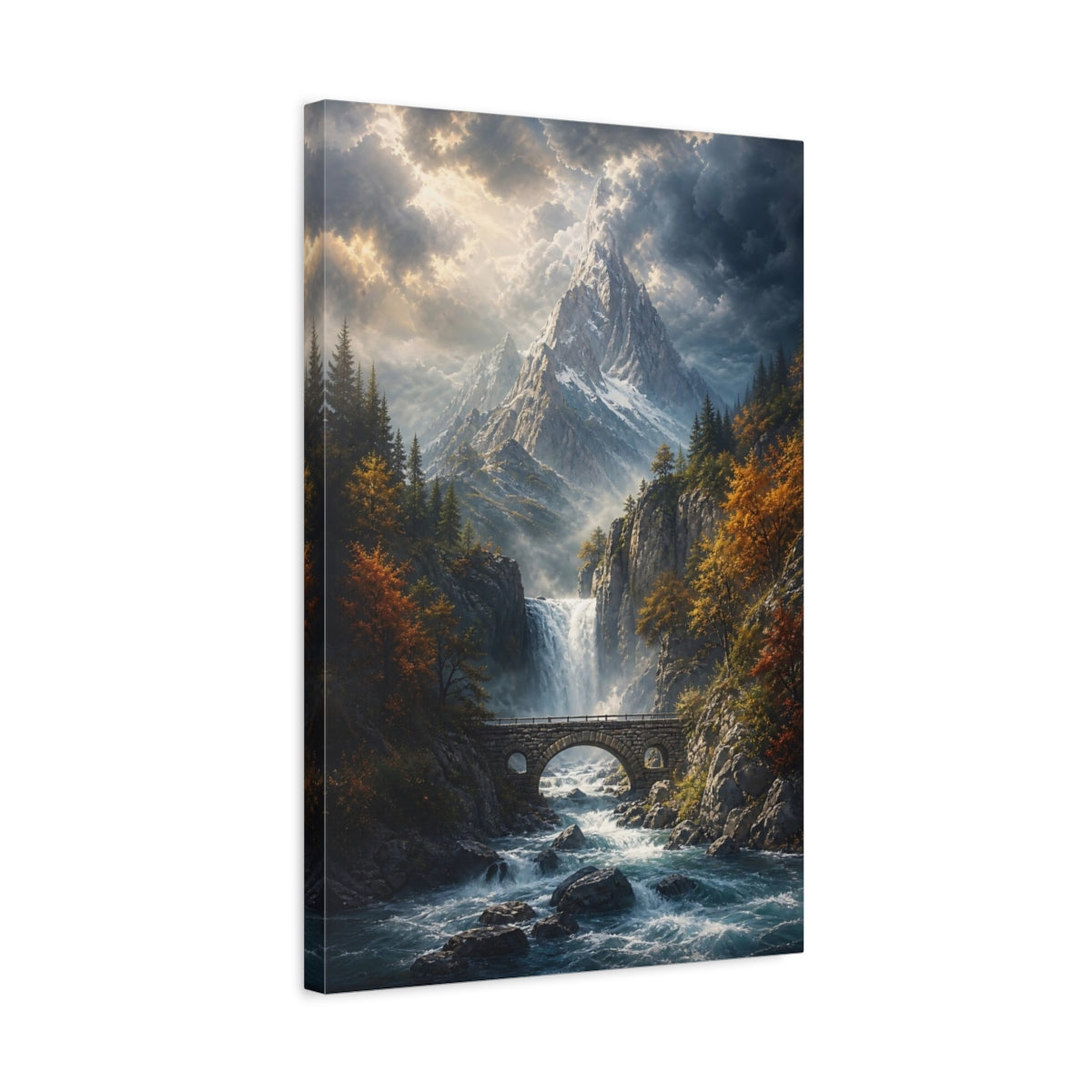 Side Mockup 3. Nature Mountain Waterfall Autumn Mountain River shown as stretched canvas wall art