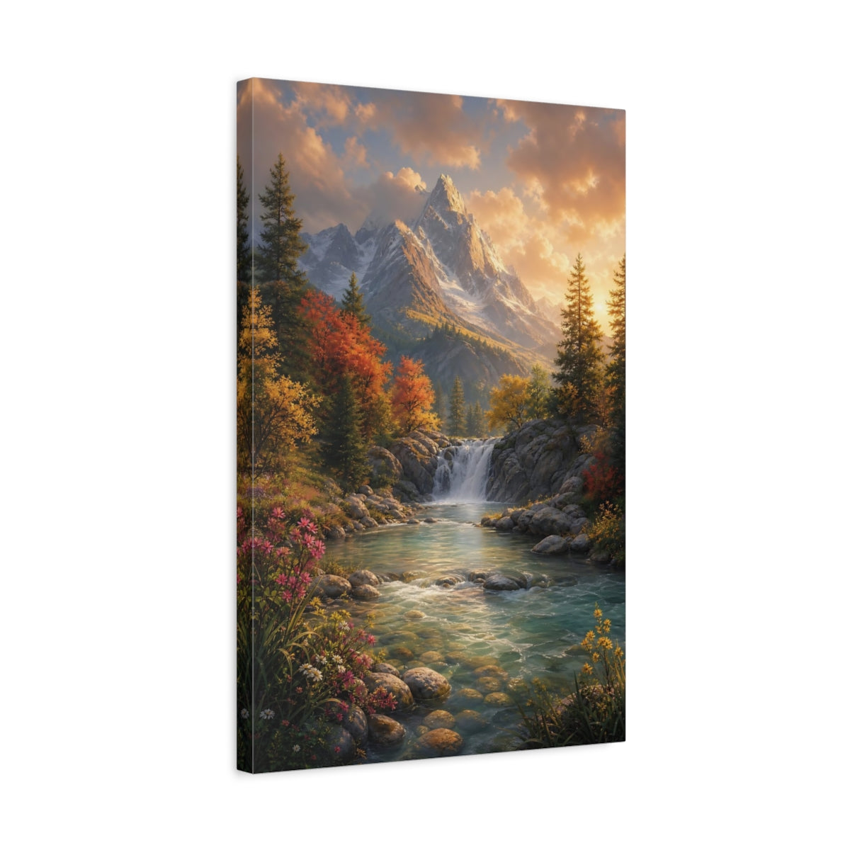 Side Mockup 3. Nature Mountain Waterfall Autumn Mountain River shown as stretched canvas wall art