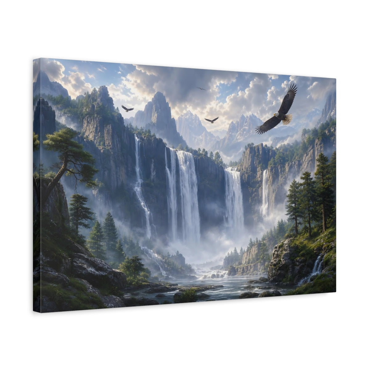 Side Mockup 3. Nature Mountain Waterfall Mountain Waterfall shown as stretched canvas wall art