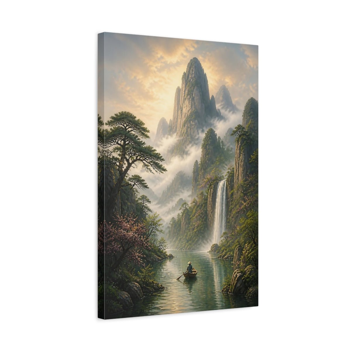 Nature Mountain Waterfall Misty Green Landscape Canvas Print – Living Room, Above Couch - YesArtYes