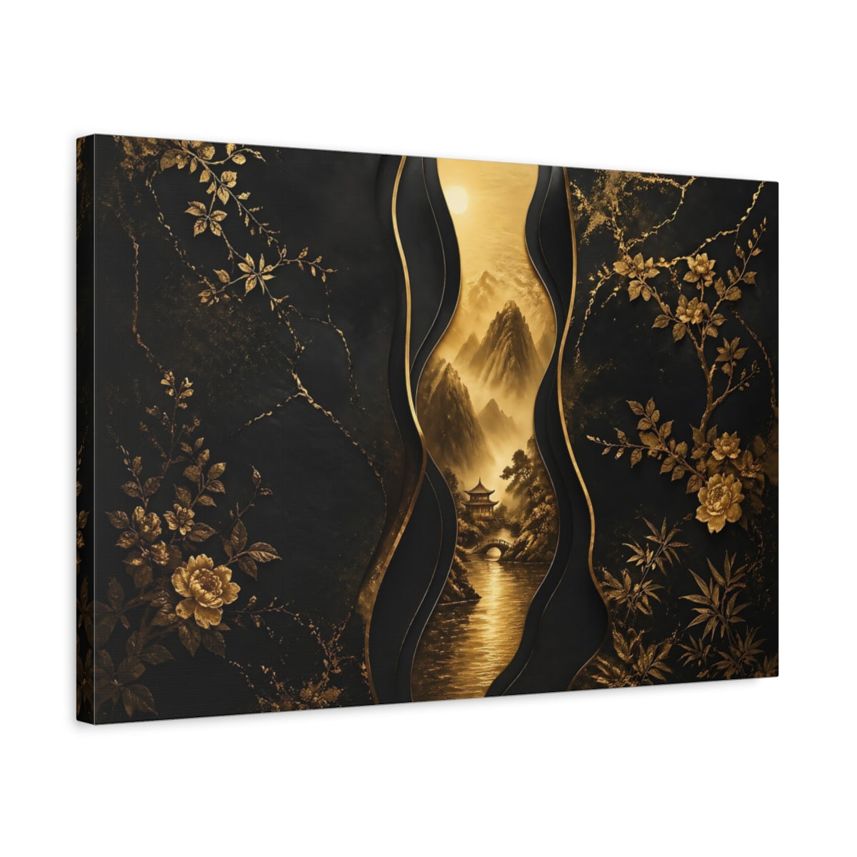 Side Mockup 3. Nature Mountains Black And Gold shown as stretched canvas wall art