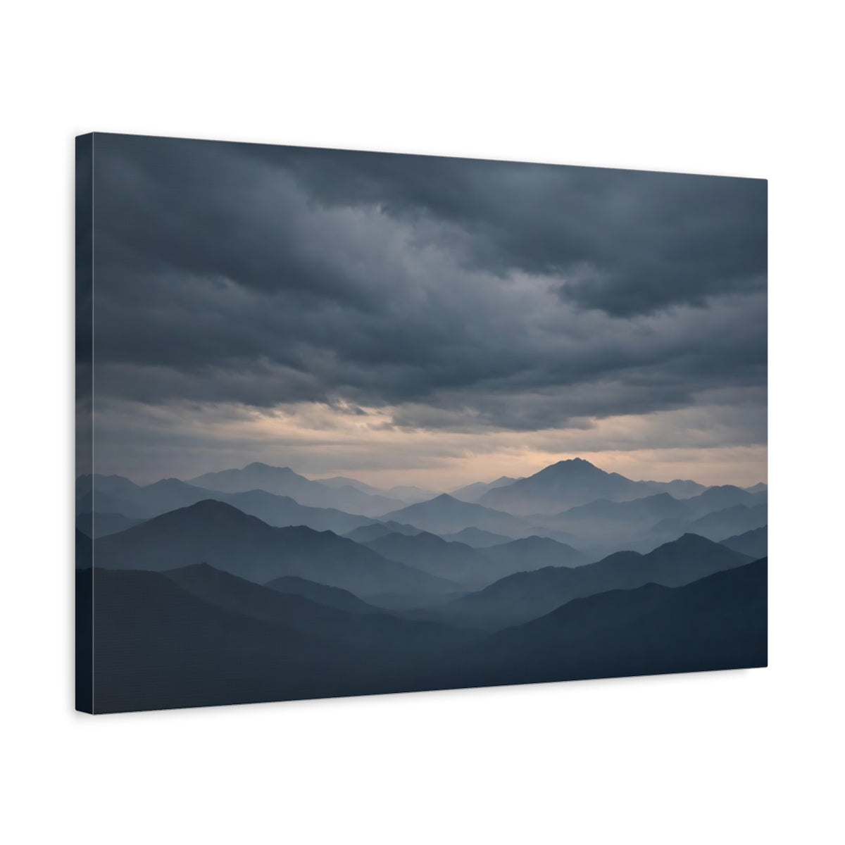 Side Mockup 3. Nature Mountains Blue And Grey shown as stretched canvas wall art