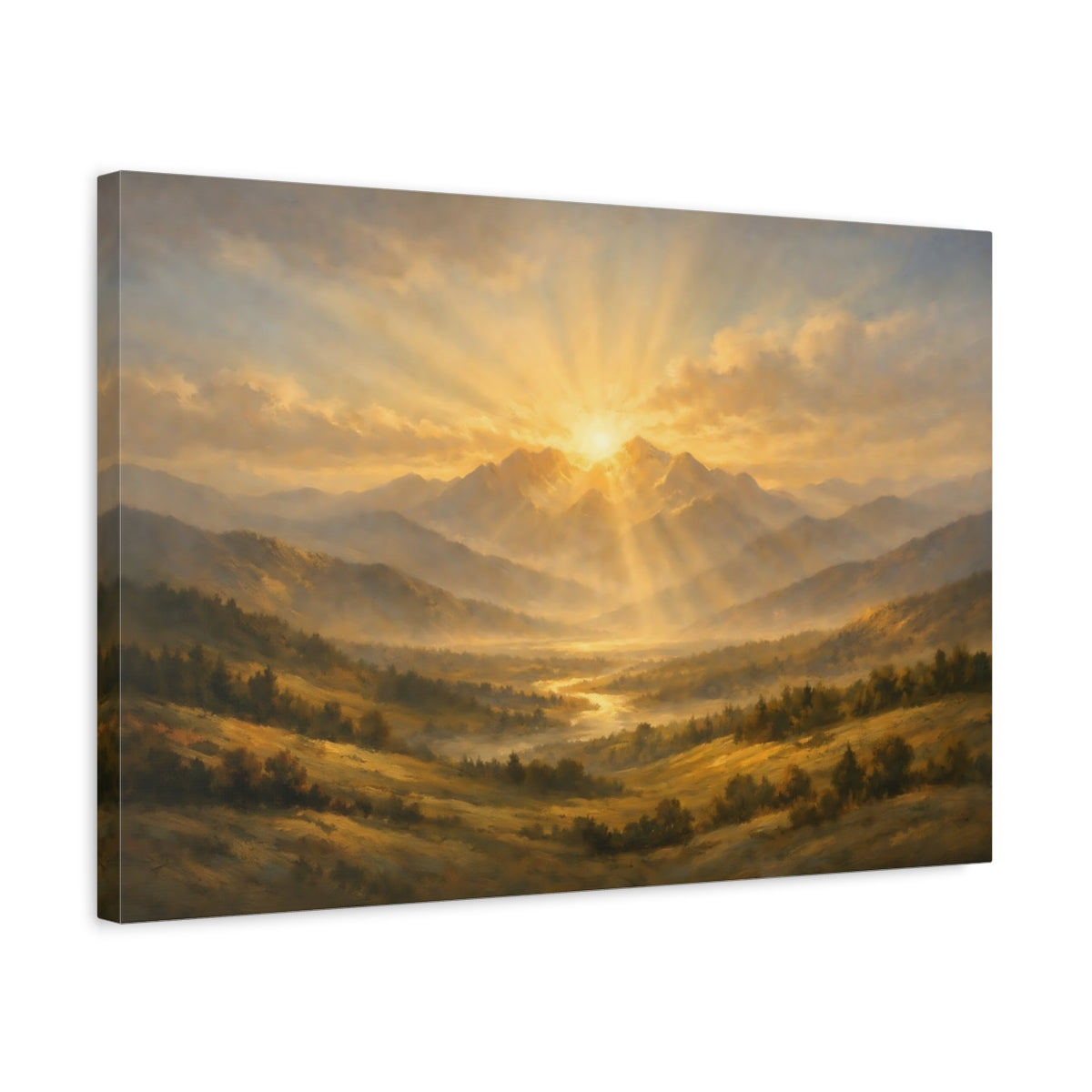 Side Mockup 3. Nature Mountains, Sunrays Golden Mountain Landscape shown as stretched canvas wall art