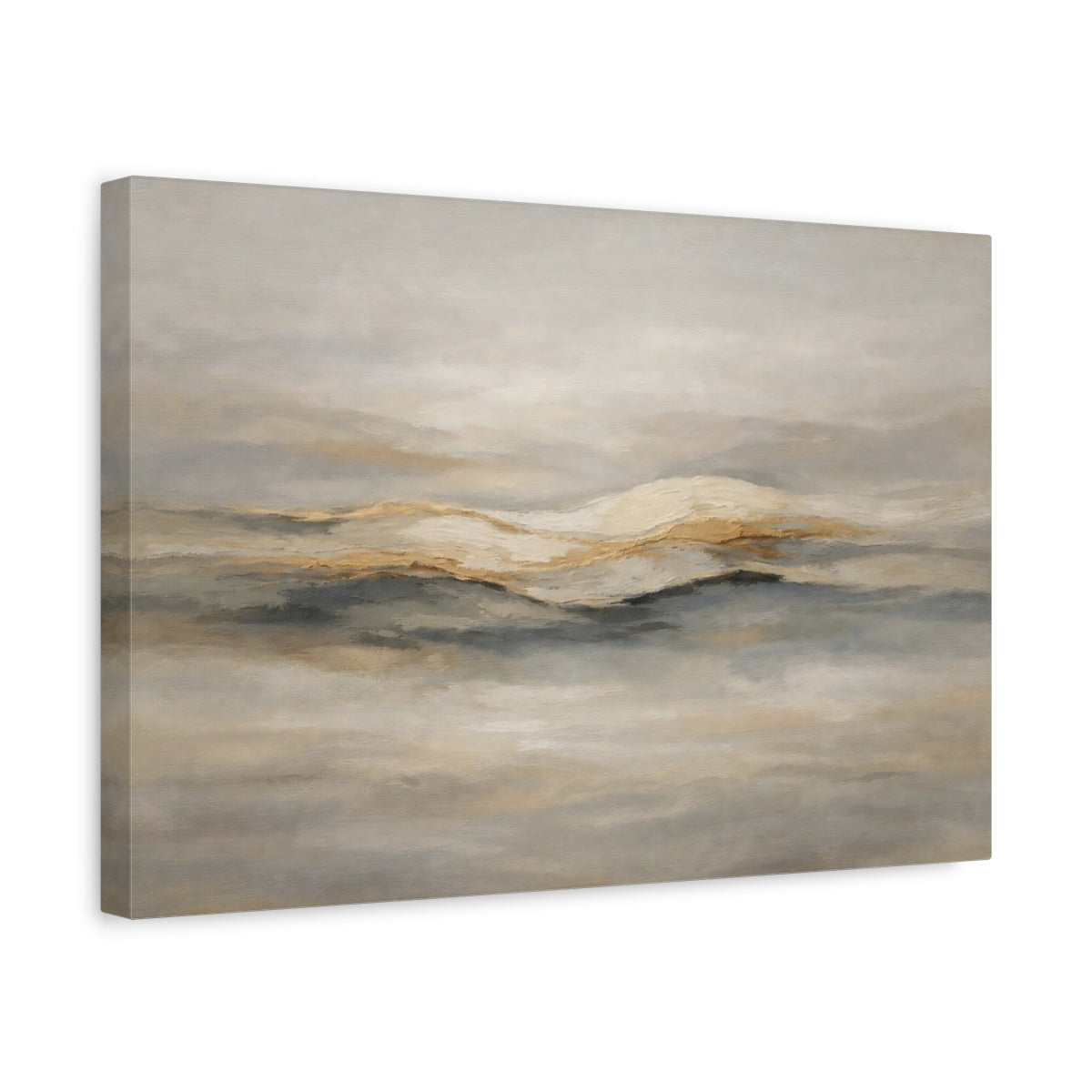 Side Mockup 4. Nature Mountainscape Gold And Grey shown as stretched canvas wall art