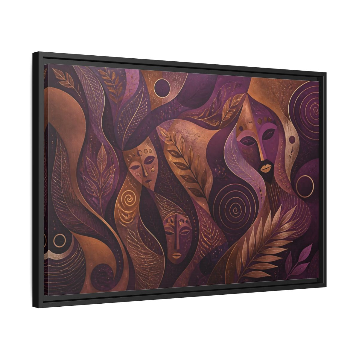 Side Mockup 14. Nature Mystical Faces Purple Gold Abstract shown as framed canvas print