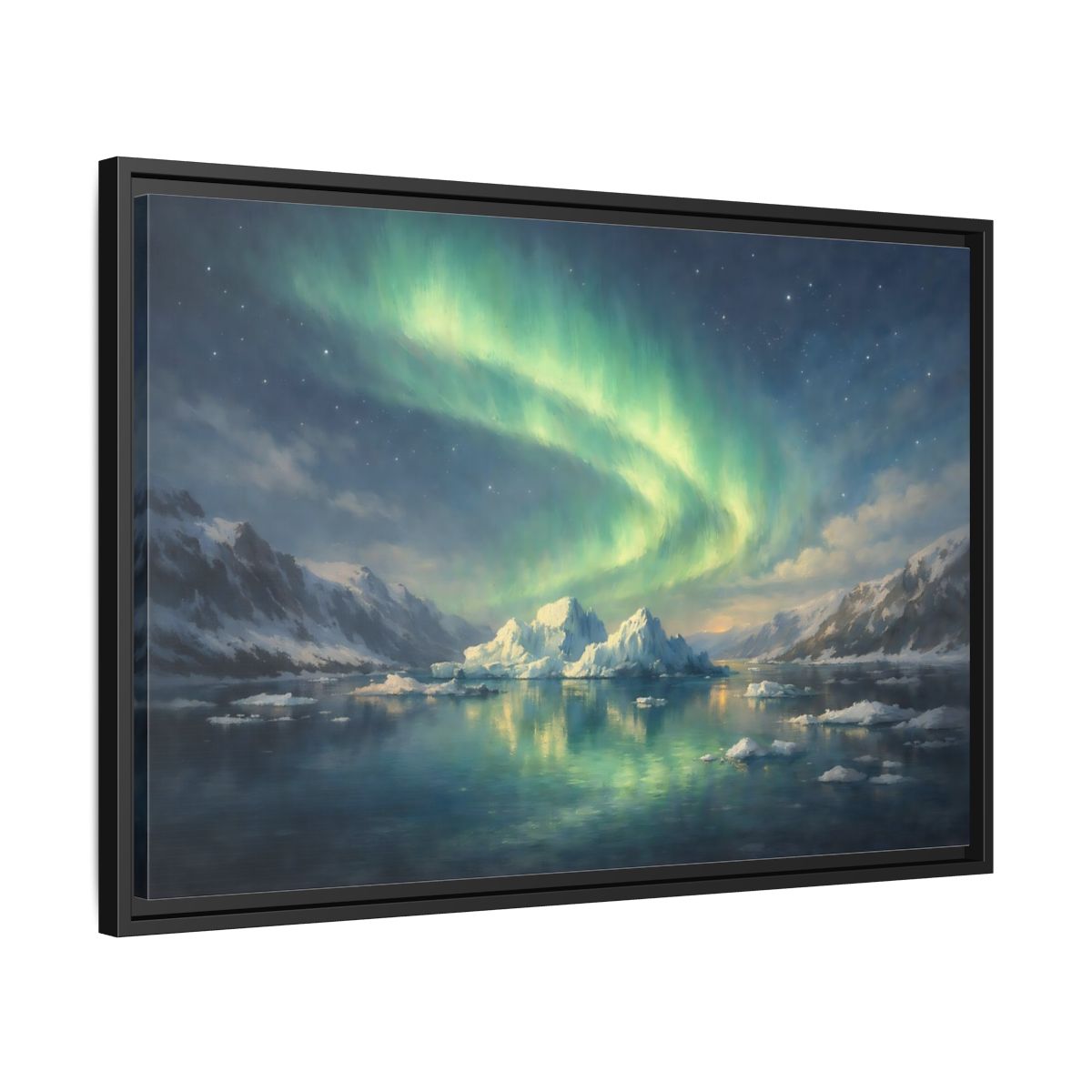 Side Mockup 14. Nature Northern Lights Green Northern Lights shown as stretched canvas wall art