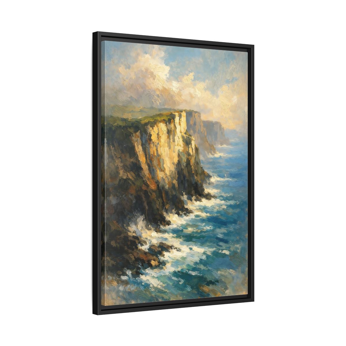 Side Mockup 14. Nature Ocean Cliffs Blue And Gold Coastal shown as stretched canvas wall art