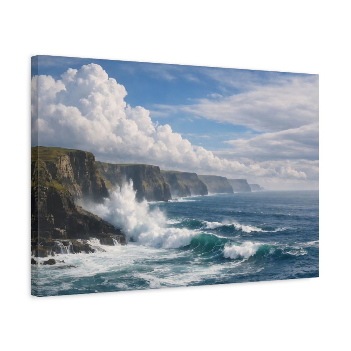 Side Mockup 3. Nature Ocean Cliffs Blue Ocean Cliffs shown as stretched canvas wall art