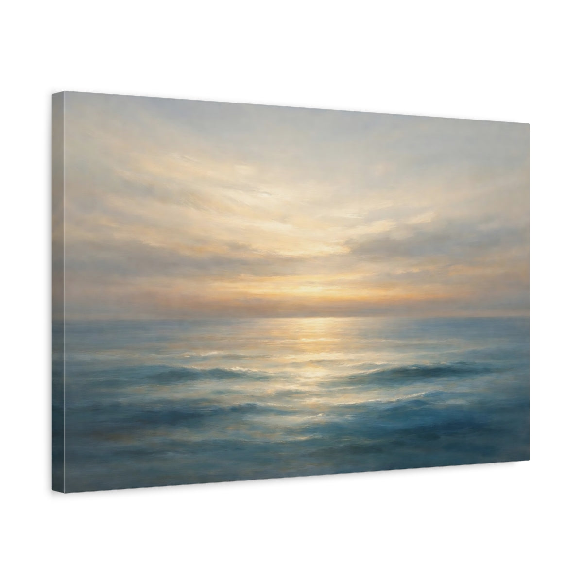 Side Mockup 3. Nature Ocean Sunset Blue And Gold Ocean shown as stretched canvas wall art