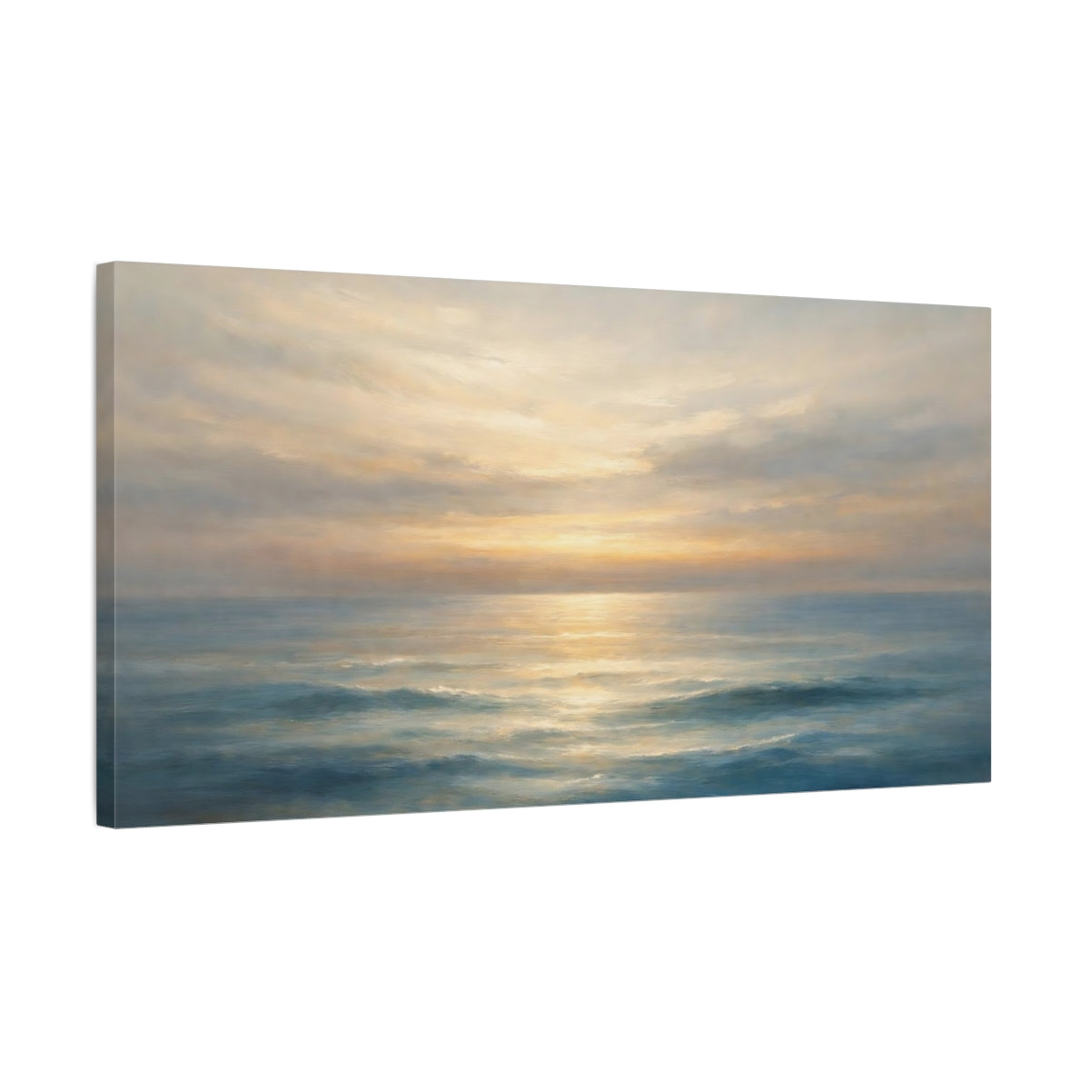 Side Mockup 2. Nature Ocean Sunset Blue And Gold Sunset shown as stretched canvas wall art