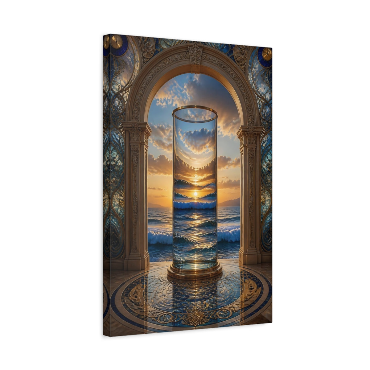 Side Mockup 3. Nature Ocean Sunset Golden Ocean Sunset shown as stretched canvas wall art
