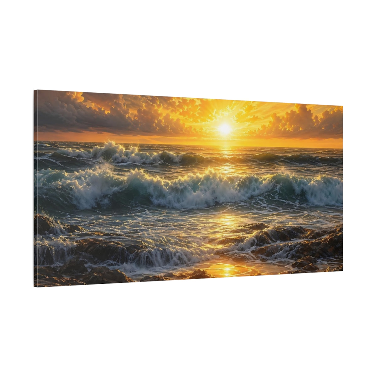 Side Mockup 2. Nature Ocean Sunset Golden Ocean Sunset shown as stretched canvas wall art