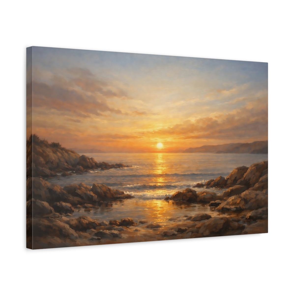 Side Mockup 3. Nature Ocean Sunset Golden Ocean Sunset shown as stretched canvas wall art